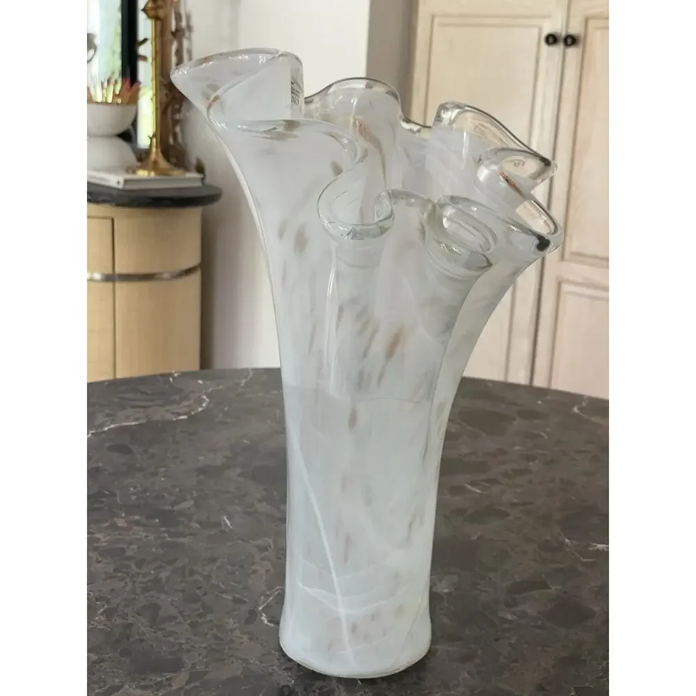 Vintage Murano Art Glass Whit Swirl & Copper Flecks Handkerchief Vase MCM Italy